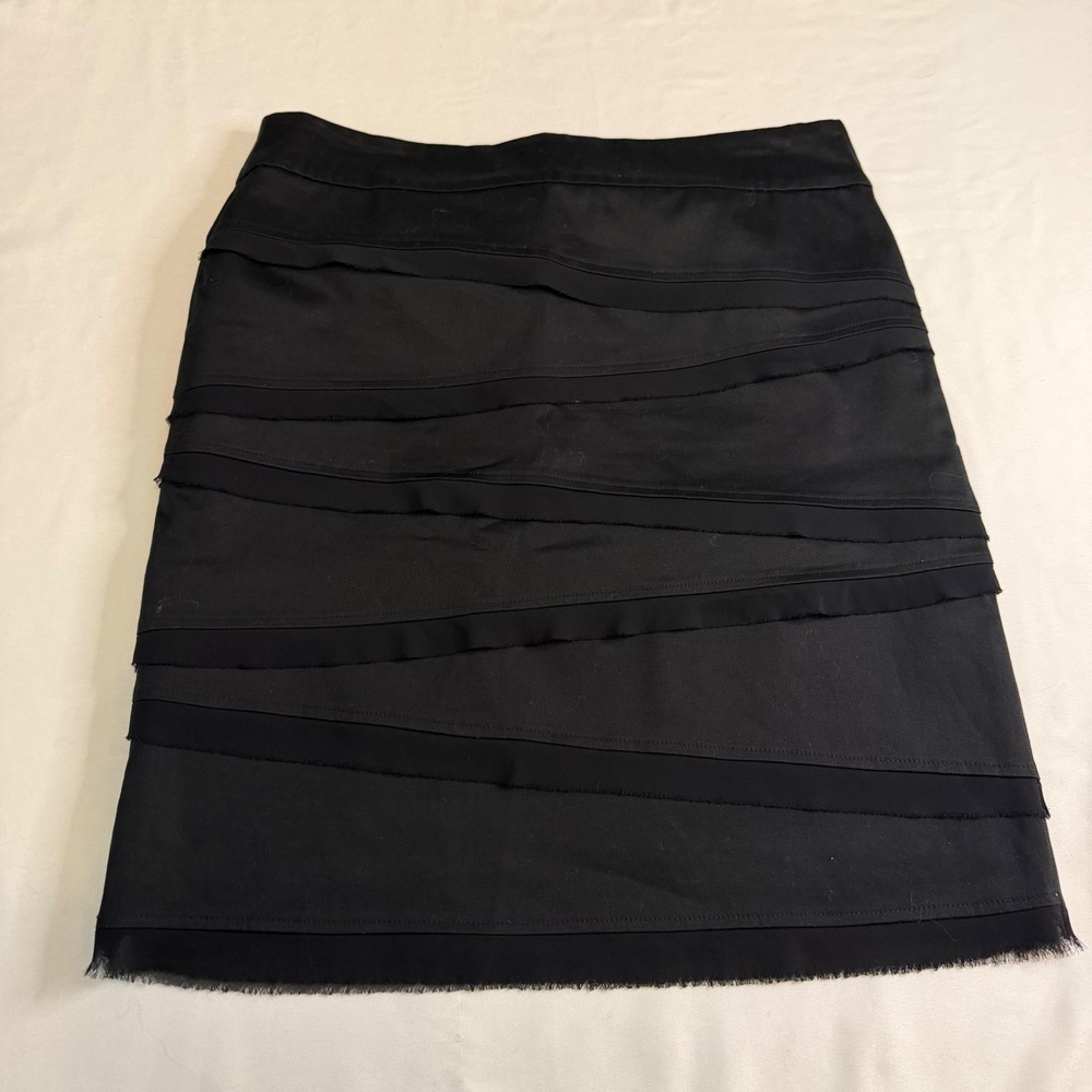 White House Black Market Black Tiered Fringe Trim Pencil Skirt Size 6